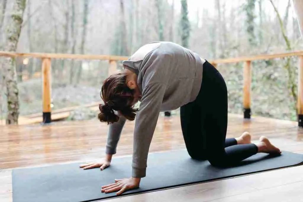 Frau führt Katze Position im Yoga aus